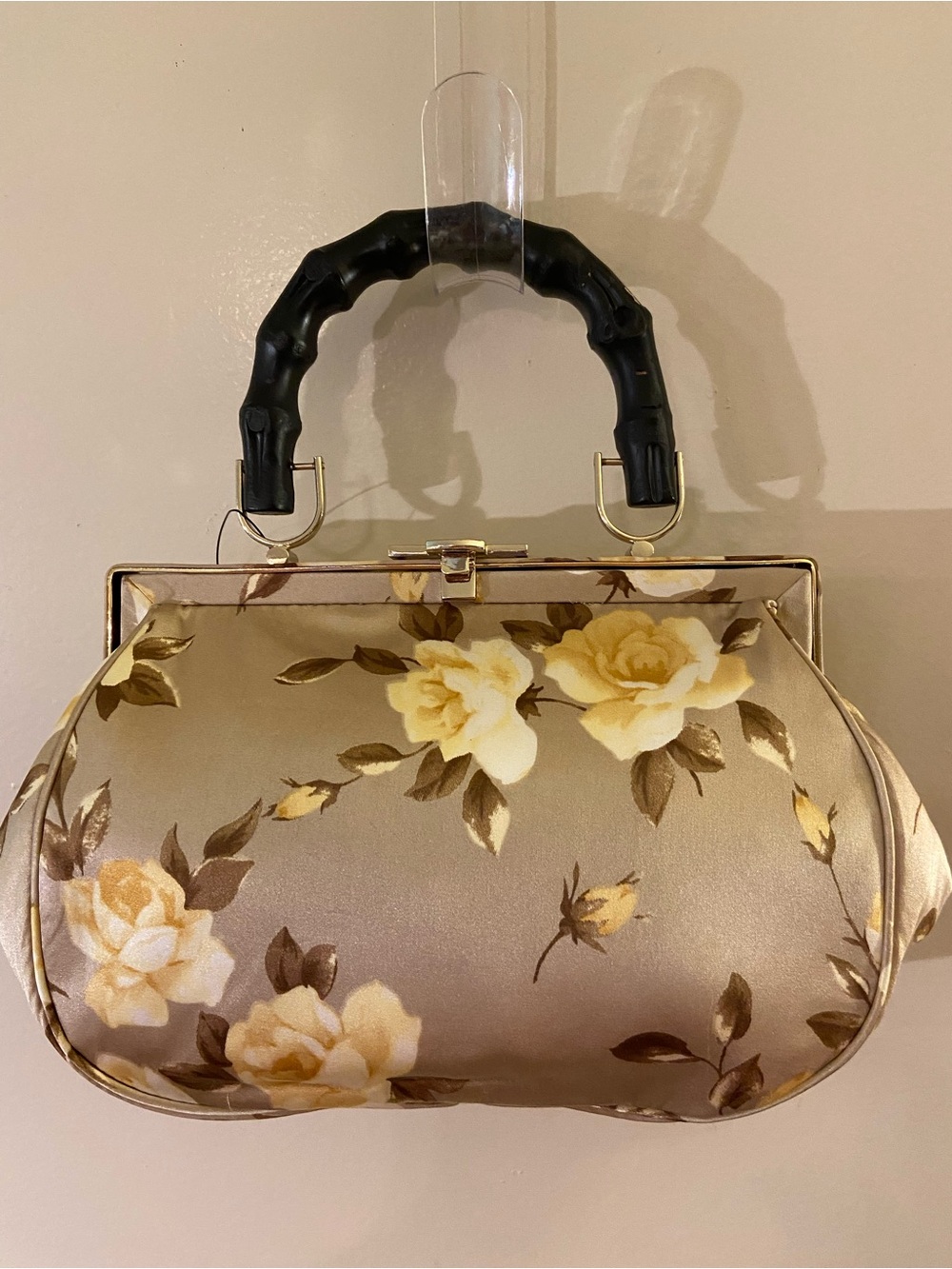 Banana Republic Silk Cream and Yellow Floral Frame Clutch with Black Handle